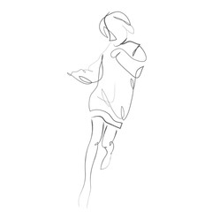 Hand drawn modern fashion illustration of abstract young woman wearing wearing casual youth clothing and running, quick sketch, vector illustration. Girl's outdoor portrait.