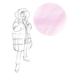 Girl's winter portrait. Hand drawn modern fashion illustration of abstract young beautiful and elegant woman dressed in a winter parka with copy space for advertising message