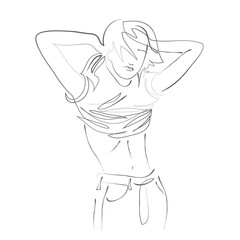 Girl takes off her shirt. Hand drawn modern fashion illustration of abstract young woman wearing casual youth clothing, quick sketch, vector illustration