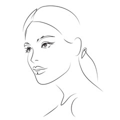 Hand drawn modern fashion illustration of abstract young beautiful and elegant woman. Female face. Beauty sketch for cosmetics design. Girl's beauty portrait. Skin care, cosmetics sketch