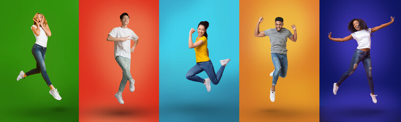 Fototapeta Positive multiracial people jumping in air and celebrating success, exclaiming with joy over bright neon backgrounds obraz