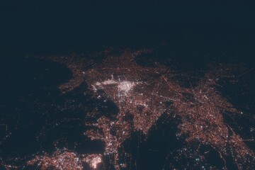 Sapporo aerial view at night. Top view on modern city with street lights