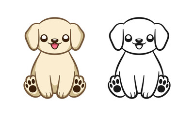 Easy puppy coloring page activity for kids. Colored illustration and outline set.
