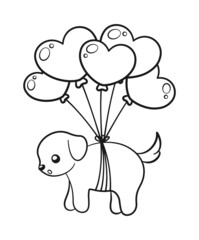 Puppy floating tied to heart balloons. Valentine's day Coloring book page activity for kids.