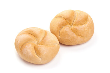 Freshly baked Kaiser rolls, fresh patty, close-up, isolated on white background.