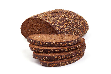 Rye bread with slices, isolated on white background.