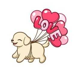 Cute dog with Valentine's Day balloons cartoon illustration