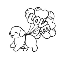 Puppy with Valentine's day balloons line art illustration. Coloring book page activity for kids.