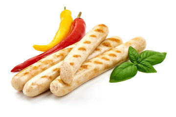 Roasted chicken sausages, isolated on white background.