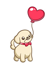 Puppy biting heart shaped balloon string illustration clipart