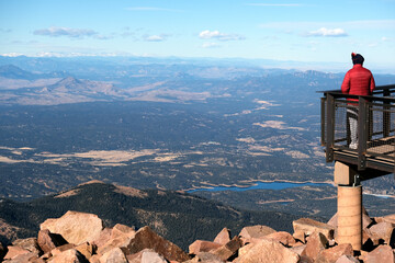 Breathtaking aerial scenic landscape Rocky Mountains mountain range scenery view on top of Pikes...
