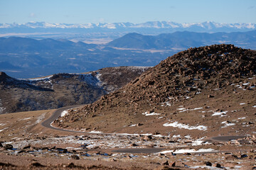 Breathtaking aerial scenic landscape Rocky Mountains mountain range scenery view on top of Pikes...