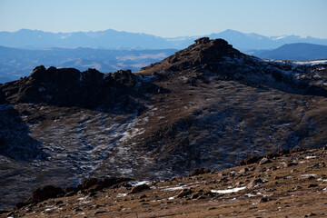 Breathtaking aerial scenic landscape Rocky Mountains mountain range scenery view on top of Pikes...