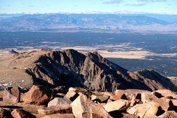 Breathtaking aerial scenic landscape Rocky Mountains mountain range scenery view on top of Pikes...