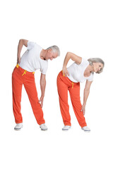 Portrait of Senior couple exercising isolated on white background