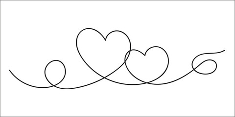 Fototapeta premium Continuous one line art drawing of two hearts symbol sign doodle style vector image.