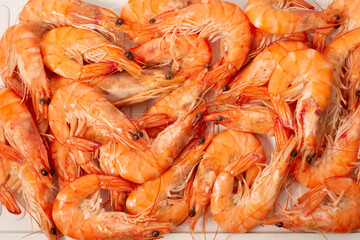 Shrimps on a white substrate in a shop. Background of cooked crustacean langoustines
