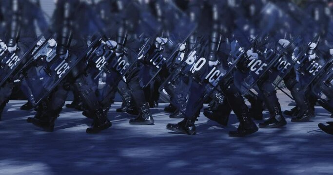 団体で行進の練習をする警察官