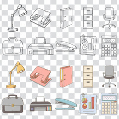 Office accessories collection set hand drawn. Doodle Vector style symbols and objects.