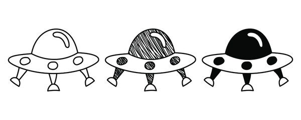 Set of hand-drawn vector UFOs in doodle cartoon style. National Science Day