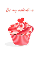 Sweet pink cupcake with hearts.Vector illustration of cupcake icon for postcard, textile, decor, poster, banner. Greeting card for Valentine's Day and other holidays. The text can be replaced.