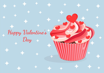 Sweet pink cupcake with hearts.Vector illustration of cupcake icon for postcard, textile, decor, poster, banner. Greeting card for Valentine's Day and other holidays.