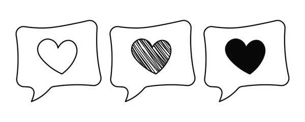 Set of hand-drawn vector Talking clouds with a heart in a doodle cartoon style. 