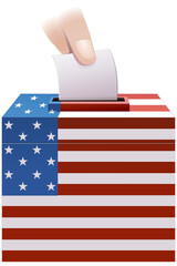 Fototapeta na wymiar Election ballot box in the colors of the flag of the united states with fingers casting a ballot