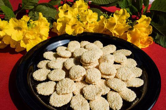 Indian Sweet food Rewri also known as rewadi or revadi is popular Indian makar sankranti festival food, Made of Jaggery or gud with sesame seeds coating