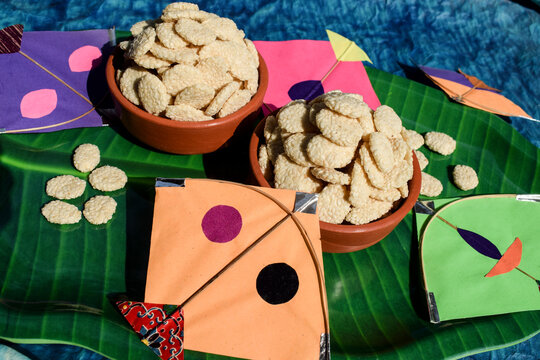Indian sweet item called Rewri or revdi served and eaten during Makarsankranti festival. Rewri is made of Sesame seeds and sugar or Jaggery