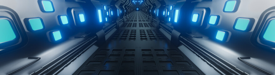 Naklejka premium Modern futuristic sci Fi space station. metal floor and light panel. blue neon glowing lights. interior design dark background. spaceship interior architecture corridor. cyberpunk design. 3d rendering