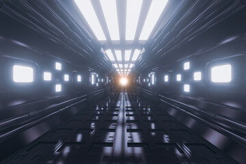 Modern futuristic Neon Light Glowing Sci Fi space station. realistic dark corridor with Universe view. Alien Ship Star Gate. Metal floor and light panel. Dark background. Spaceship interior. 3d render