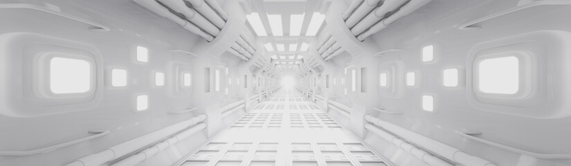 Modern futuristic sci Fi space station. metal floor and light panel. white neon glowing light. inside design white background. spaceship interior architecture corridor. cyberpunk design. 3d rendering