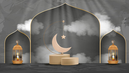 Eid al Adha Mubarak greeting design with Crescent Moon and Star hanging on 3D podium on grey cement background.Vector Backdrop of Religion of Muslim Symbolic for Eid al fitr, Ramadan Kareem © Anchalee