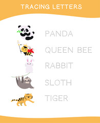 Tracing letters. Tracing names of animal names worksheet. Writing practice. Educational printable colorful worksheet. Vector file.