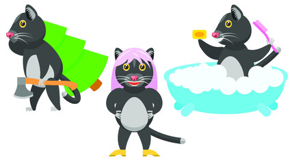 Set Abstract Collection Flat Cartoon Different Animal Cats Kitty Pets Carries A Felled Tree, Washes In The Bath, With Pink Hair In Heels Vector Design Style Elements Fauna Wildlife