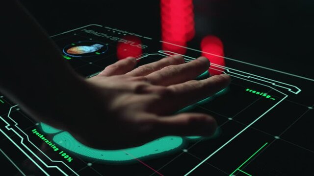 High tech medical biometrical scanner analysing health status scan hand closeup - Powered by Adobe