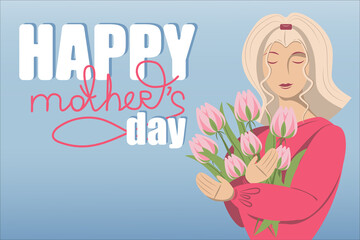 Greeting card for mother's day. Vector illustration, postcards with a girl and flowers in hands, women's holiday