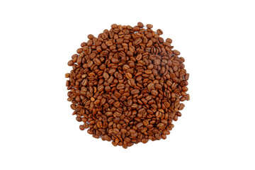 Freshly roasted coffee beans are stacked, highlighted on a white background.Coffee shop concept, roasting, grinding, coffee varieties.Top view