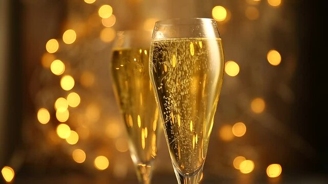 Bubbles in glasses with champagne against the background of lights. Selective focus.