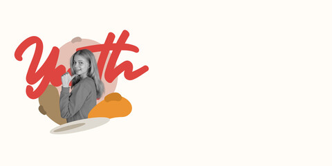 Contemporary artwork. Black and white portrait of young emotional happy girl with colored lettering in background. Concept of emotions