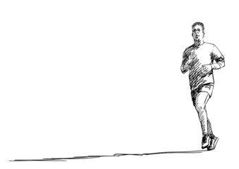 Sketch of running young man with long shadow, Hand drawn vector illustration