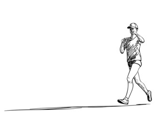 Sketch of running young woman with long shadow, Hand drawn vector illustration