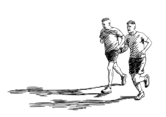 Sketch of two running men with hipster haircut and long shadow, Hand drawn vector illustration