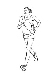 Sketch of running young woman, Hand drawn vector linear illustration
