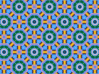 A sophisticated geometric pattern inspired by Middle Eastern and Moroccan ornaments. Elaborate kaleidoscopic surface print in blue, purple and yellow colors for textile design and gift wrapping paper.