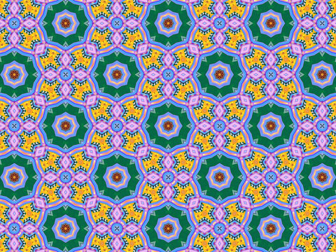 A sophisticated geometric pattern inspired by Middle Eastern and Moroccan ornaments. Elaborate kaleidoscopic surface print in blue, purple and yellow colors for textile design and gift wrapping paper.
