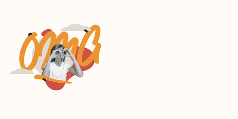 Contemporary artwork. Black and white portrait of young girl with colored lettering OMG in background. Concept of emotions