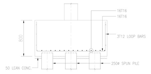 Plan and sections of pile cap design drawing shown technical drawing using CAD and in 2D format. The design by the structural engineers for use of builders at the construction site. 
