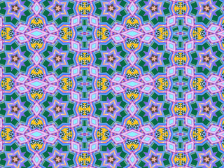 A sophisticated geometric pattern inspired by Middle Eastern and Moroccan ornaments. Elaborate kaleidoscopic surface print in blue, purple and yellow colors for textile design and gift wrapping paper.